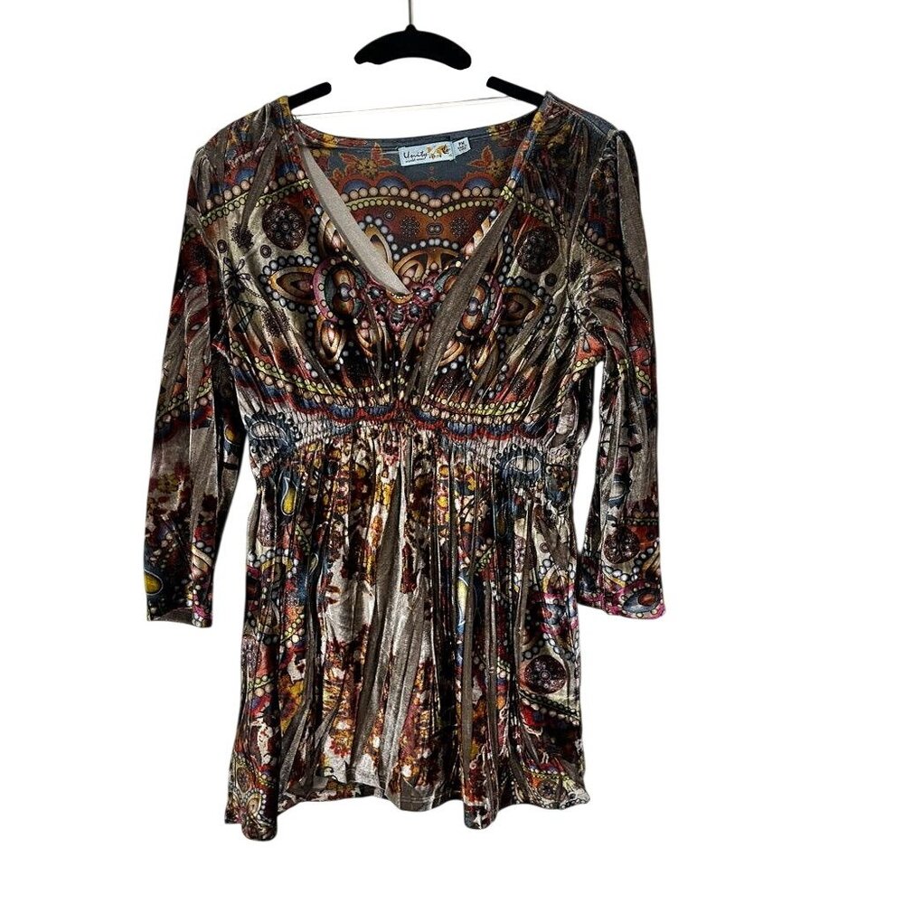 Colorful Velour Floral Peplum Top Brown PM Boho indie Folk Festival Peasant Chic